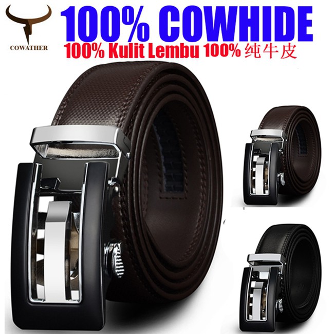 Men Automatic Ratchet Click Lock Belt Genuine Leather Design Style Buckle