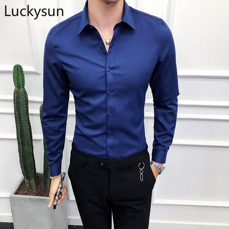 Blue Shirts Men Long Sleeve Shirt Male Slim Fit Business Plain Casual ...