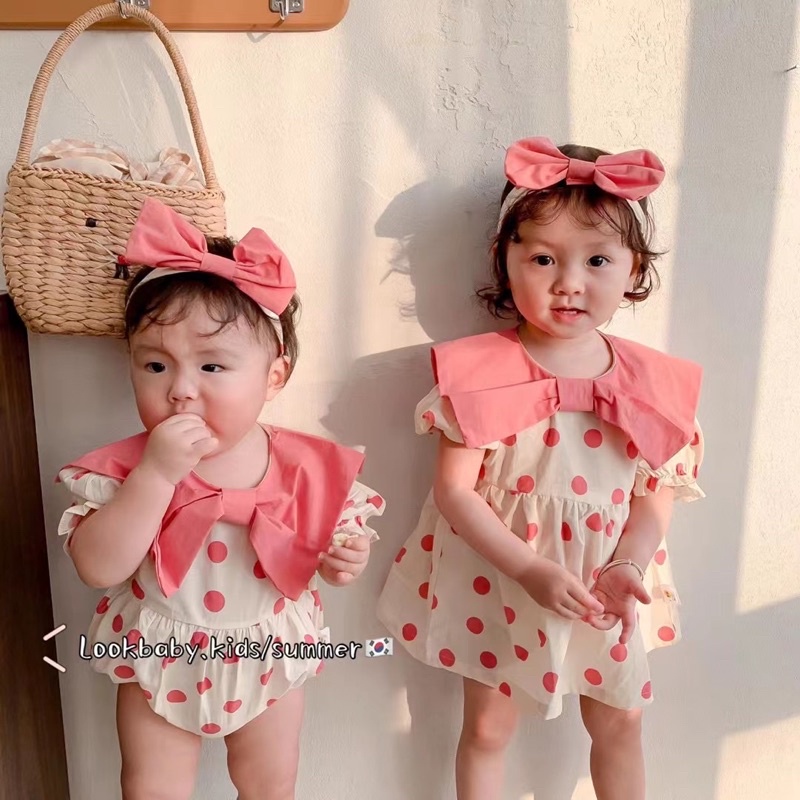 New born baby girl pink polka dot romper bodysuit & with