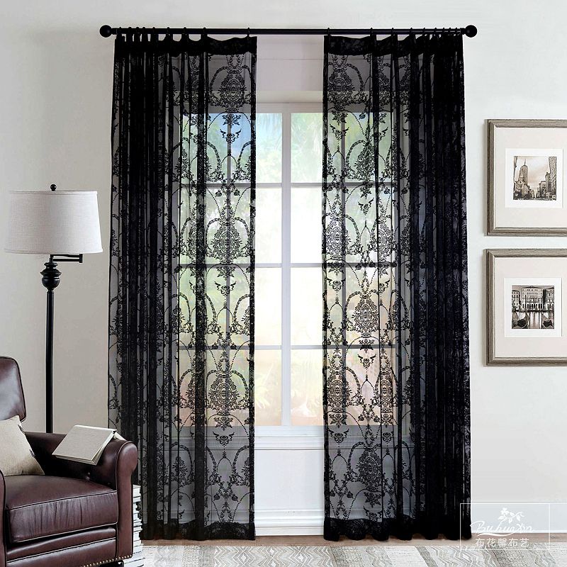 Black Lace Curtains for Bedroom Vintage French Floral Embroidered Sheer ...