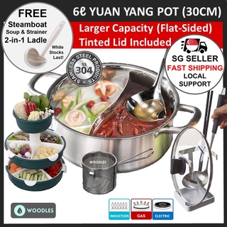 Yardwe Yinyang Hot Pot Cooking Pan Stainless Steel Dual Site Hot Pot Cooker Gas Stove Induction Cooking Pot Soup Stock Pot Shabu Cookware with Handle 30cm 