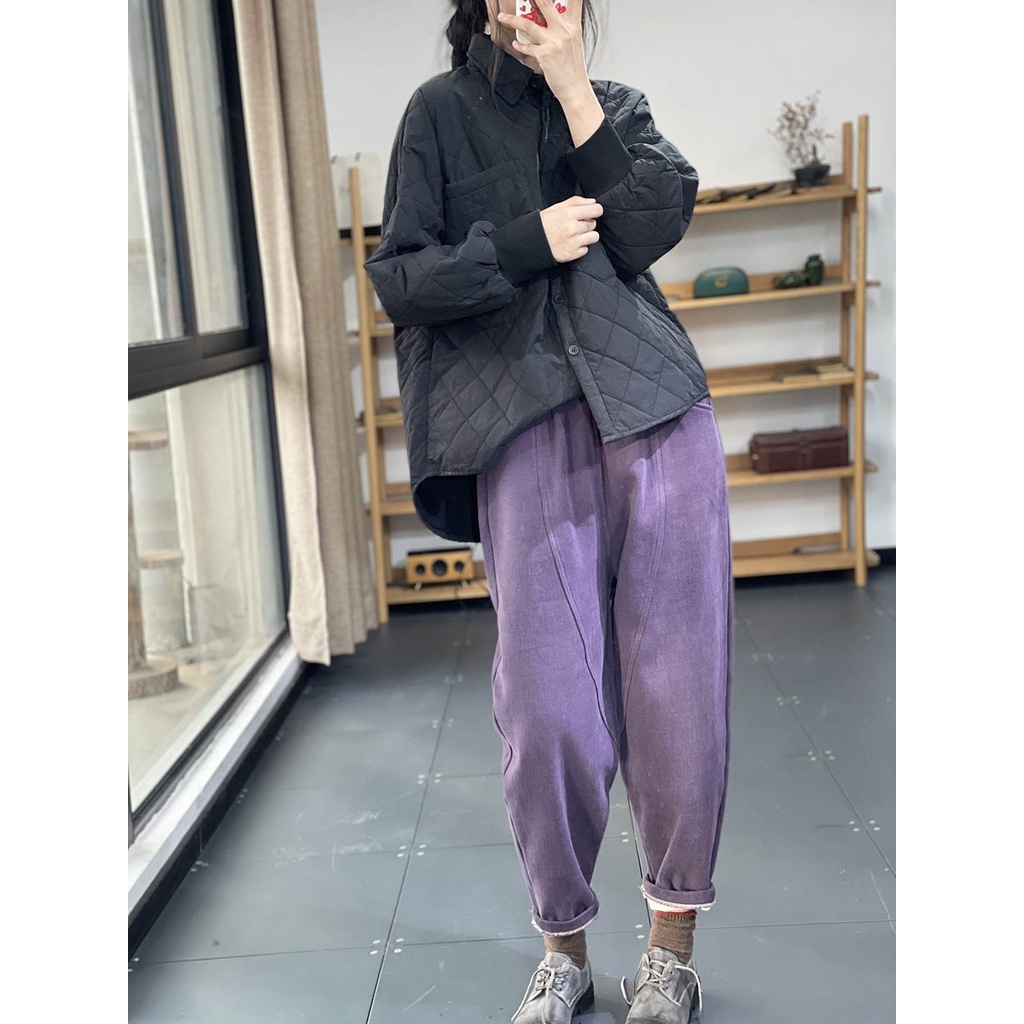 Image of 2022 Autumn Winter New Style Lapel Solid Color Pressed Cotton Loose Long-Sleeved Thickened Quilted Coat Women's #4