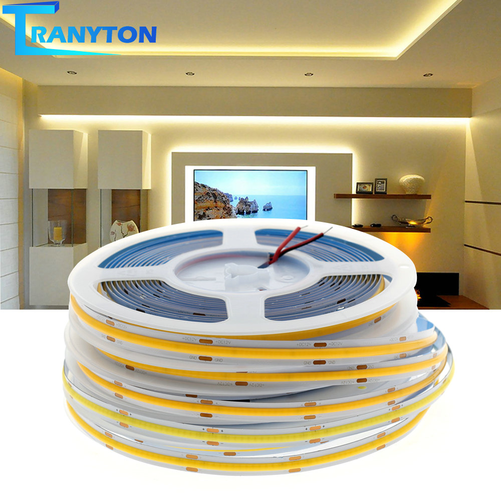 Tranyton Lighting 5m/lot COB LED Strip Light 300 320 384 528 LEDs High Density Super Bright Flexible COB LED Lights DC12V 24V Warm/Natural White LED Tape