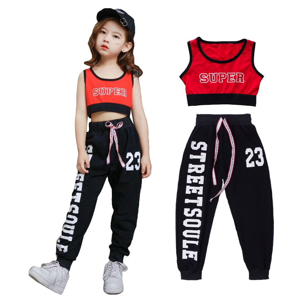 Kids Girls Street Dance Costume Hip Hop Clothes Set Crop Tops Vest ...