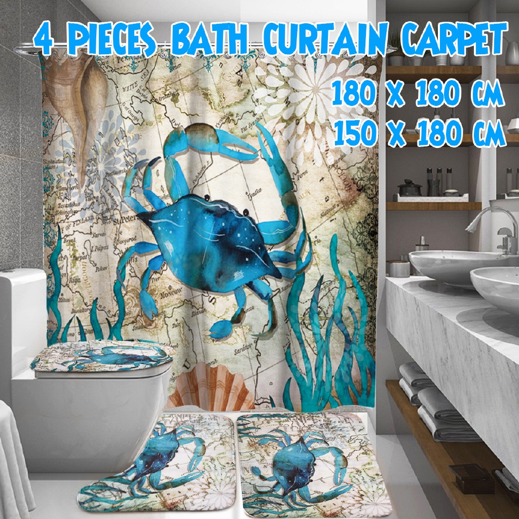 New Crab Printing Bathroom Shower Curtain Toilet Cover Mat Non