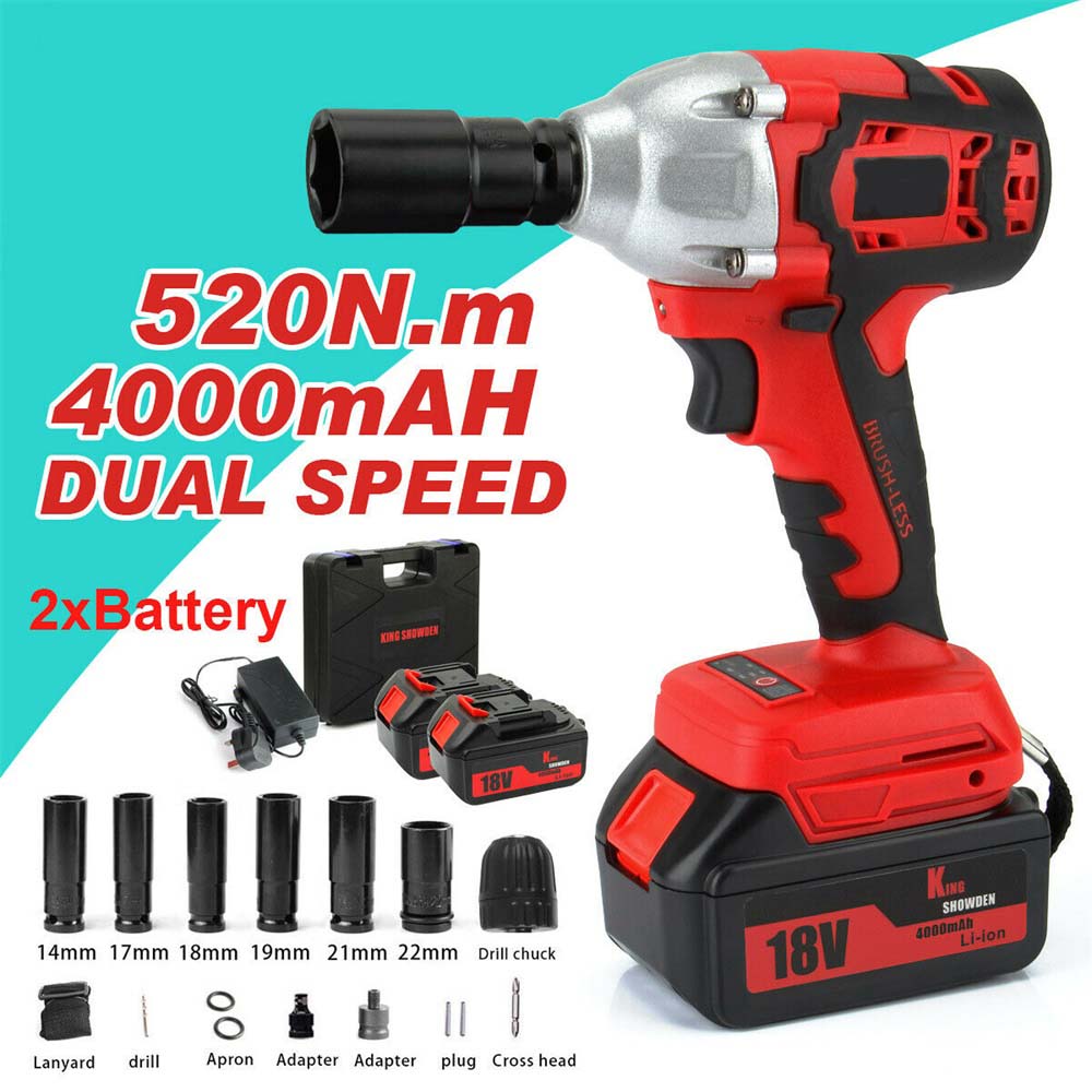 Powerful 460Nm Electric Cordless1/2"Impact Wrench Gun Driver Tool 2*Lithium-Ion 