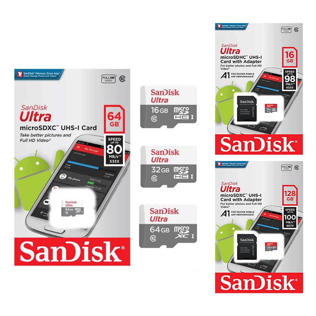 SanDisk Ultra 16GB/32GB/64GB/128GB Micro SD Memory Card 80/98/100mb/s