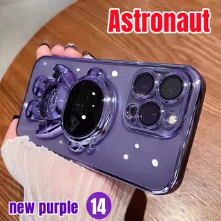 Luxury plating Astronaut Phone Case for iPhone 14 plus 13 12 Pro Max Folding Stand Transparent TPU Soft Case Shockproof Back Cover