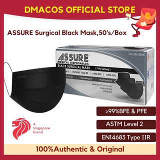 ASSURE Surgical Mask BLACK 50’s/box 3-ply Earloop Disposable 98% BFE ...