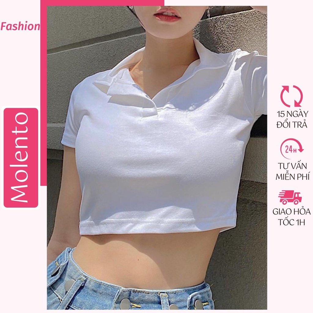 Áo Croptop Nữ Tay Ngắn Phông Cổ Bẻ Sơ Mi Polo Thun Cotton Crt Kiểu Ôm Body Ulzzang Phong Cách Hàn Quốc Molento