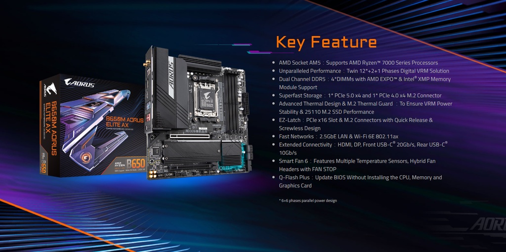 GIGABYTE B650M AORUS ELITE AX (rev. 1.x) MATX Motherboard , Wi-Fi 6E, 2 ...