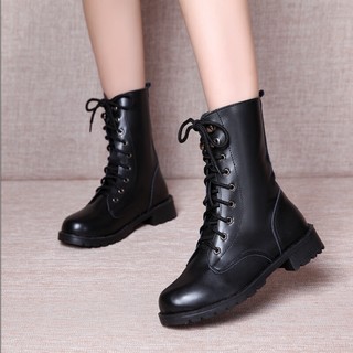 Image of Women's Mid Calf Boots Fashion Leather Lace Up Mid Heel Round Toe Motorcycle Martin Boots Ladies Black Shoes