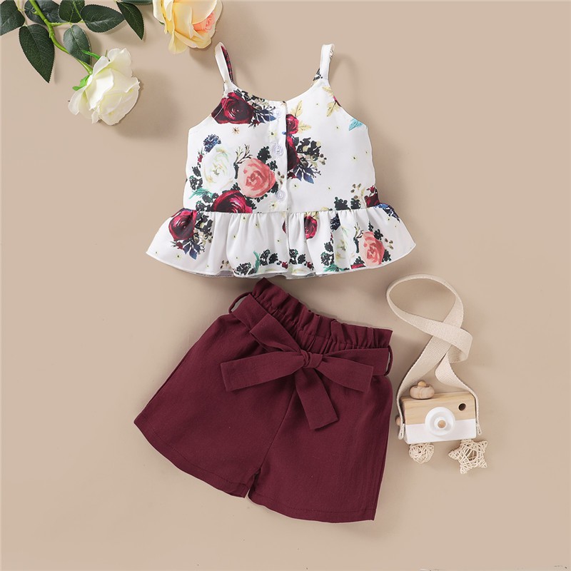 Kids Baby Girl Clothes Set Linen Strap Top + Shorts Floral Print 2PCS Outfit – >>> top1shop >>> shopee.sg