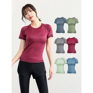 Image of women Yoga clothes round neck T-shirt short-sleeved quick-drying sportswear curved sweat-absorbent breathable slim top fitness clothing S-3XL