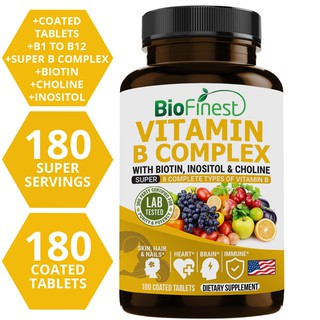 Biofinest Vitamin B Complex - B1 B2 B3 B5 B6 B7 B9 B12 Biotin Inositol Niacin - Brain Skin Hair (180 Coated Tablets)