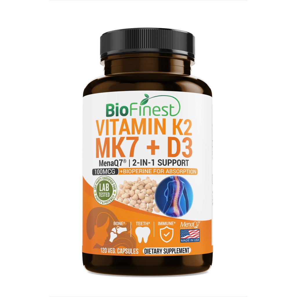Biofinest Vitamin K2 (MK7) with D3 Supplement (120 Vegetarian Capsules
