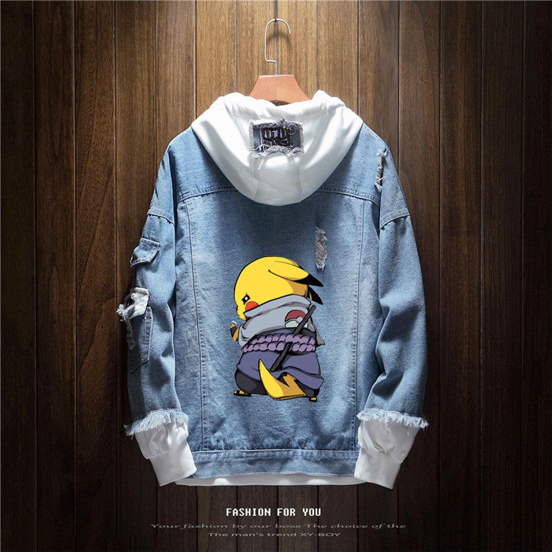 ▻❃Pikachu all-match cartoon denim jacket men s Korean version of the trend  self-cultivation spring and autumn ripped cl | Shopee Singapore