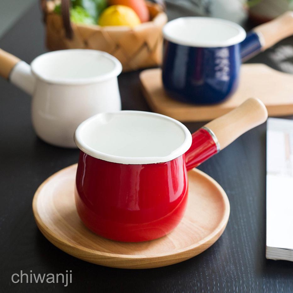 White Small Enamel Milk Tea Pan With Wooden Handle Boiling Pot Saucepan