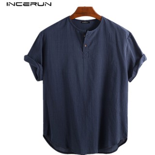 Image of INCERUN Men Casual Retro Linen V-Neck Short Sleeve Loose Cool Shirts