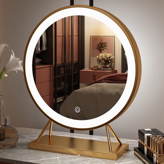 Makeup Mirror with 3 tone led Light Cosmetic Beauty Tabletop Mirror RechargeableDressing Table Makeup Mirror Household LED Light Luxury Ins Style Desktop Student Large Bedroom Large round Mirror