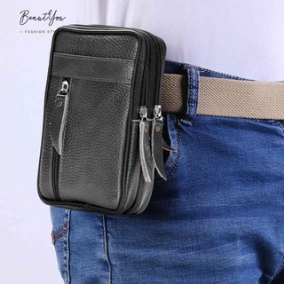 Men Cowhide Leather Waist Bum Pack Casual Small Mobile Phone Zipper Pouch [BeautYou.sg] #5