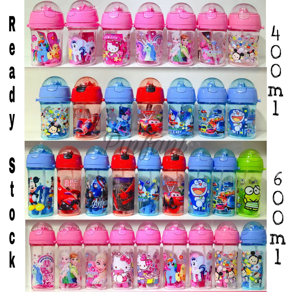 Ready Stock 400ML 600ML Cartoon Water Bottle With straw Ready Stock 400ML 600ML Cartoon Water Bottle With straw
