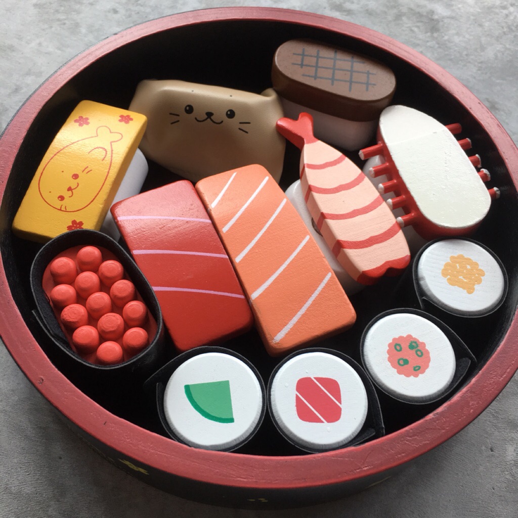Sushi Toy Pretend Play Wooden Japanese Sushi Bento Platter Toy Kitchen