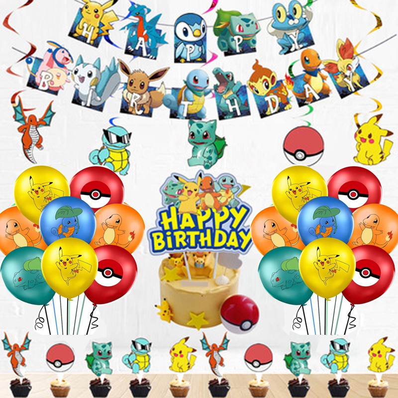 Pokemon Theme Pikachu Pull Flag Banner Set Cake Topper Bulbasaur Charmander  Happy Birthday Party Decoration | Shopee Singapore