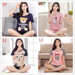 Image of thu nhỏ Women Short-sleeved Sleepwear Summer Nightwear Casual Korean Round Neck Cartoon Love Bear Pajamas Set #1