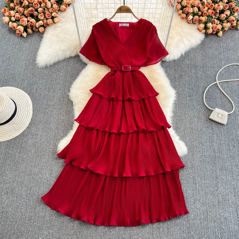 Summer Vintage V-Neck High Waist Cake Dress Women's Elegant Party Strap Long Dress Seaside Holiday D