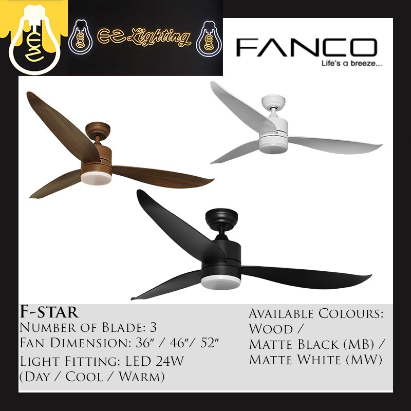 Fanco Fstar DC Ceiling Fan 36/46/52" with 3 tone led light and remote
