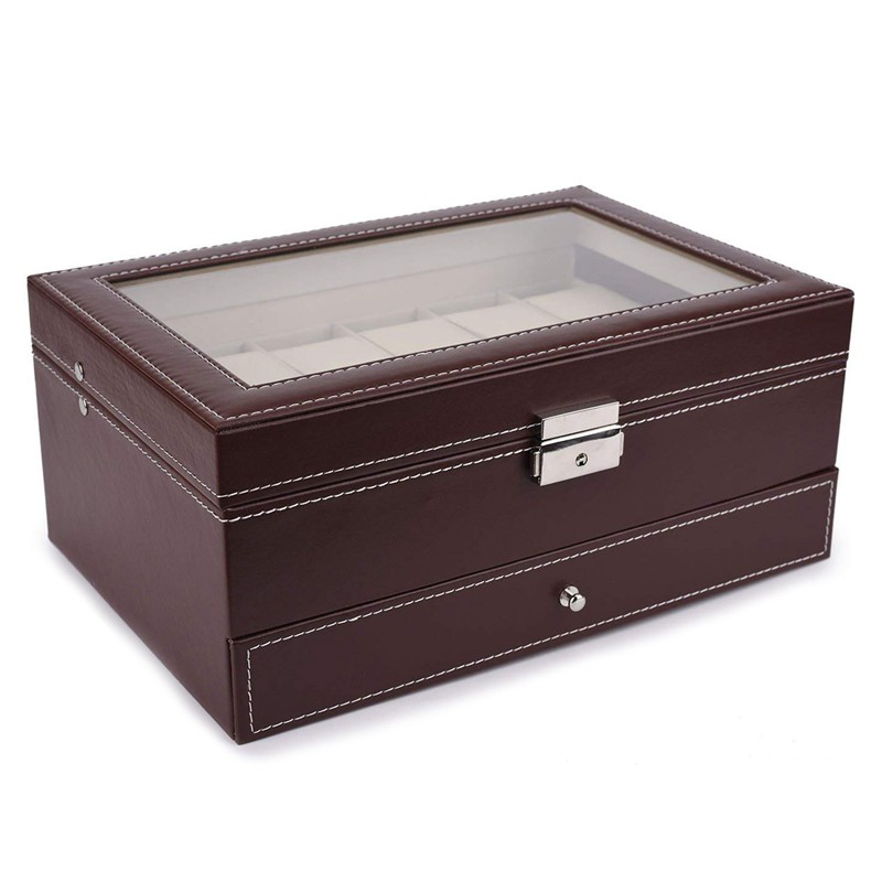 12 Slots Watch Box Mens Pu Leather Case With Jewelry Drawer Brown