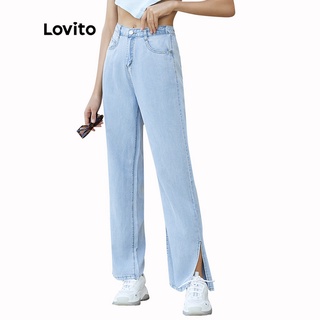 Image of Lovito Casual Plain Denim Wide Leg Slit High Waist Jeans L02154 (Blue)