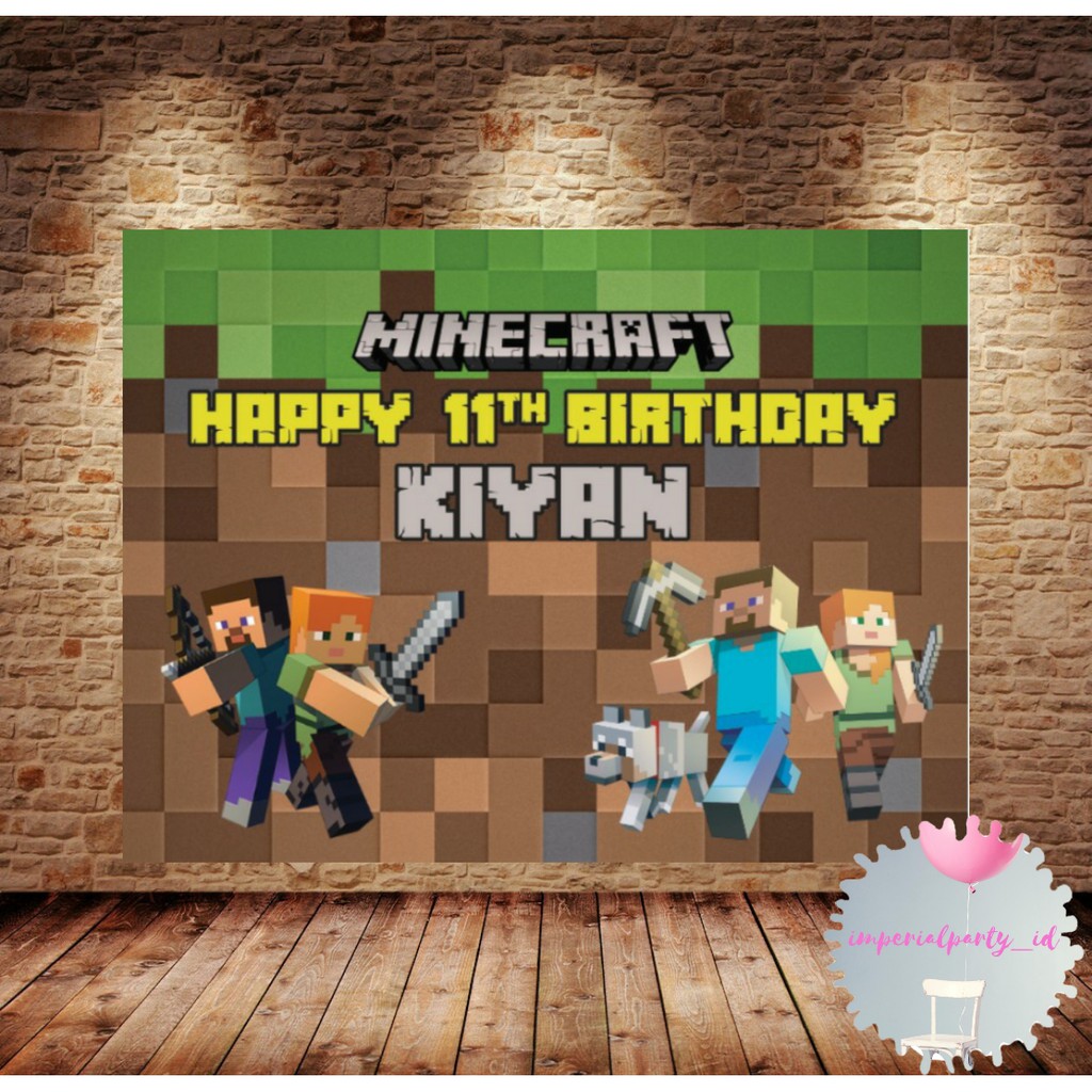 Minecraft Backdrop Themed Kids Game Landscape Blue Sky with Green Mountain Photo Background Happy Birthday for Party Personalized Name 