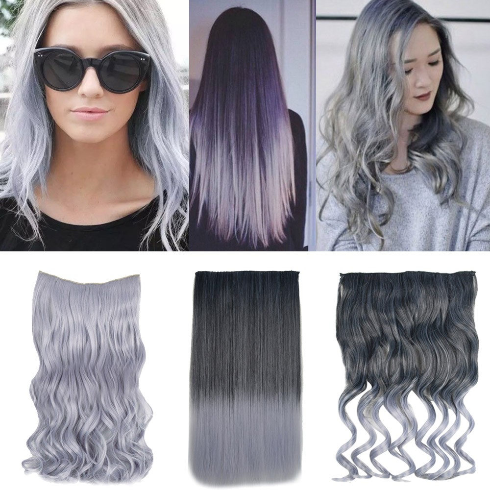 Synthetic Curly Straight Black To Gray Ombre Hairpiece Clip On Wig