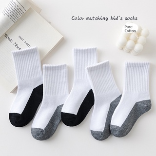 5 Pairs Student Basic School Socks /Children's Solid Color Sports Mid Tube Cotton Socks/White School Socks/Baby Breathable Cotton Socks/Kids Autumn Socks/Boys And Girls 1-12 Years