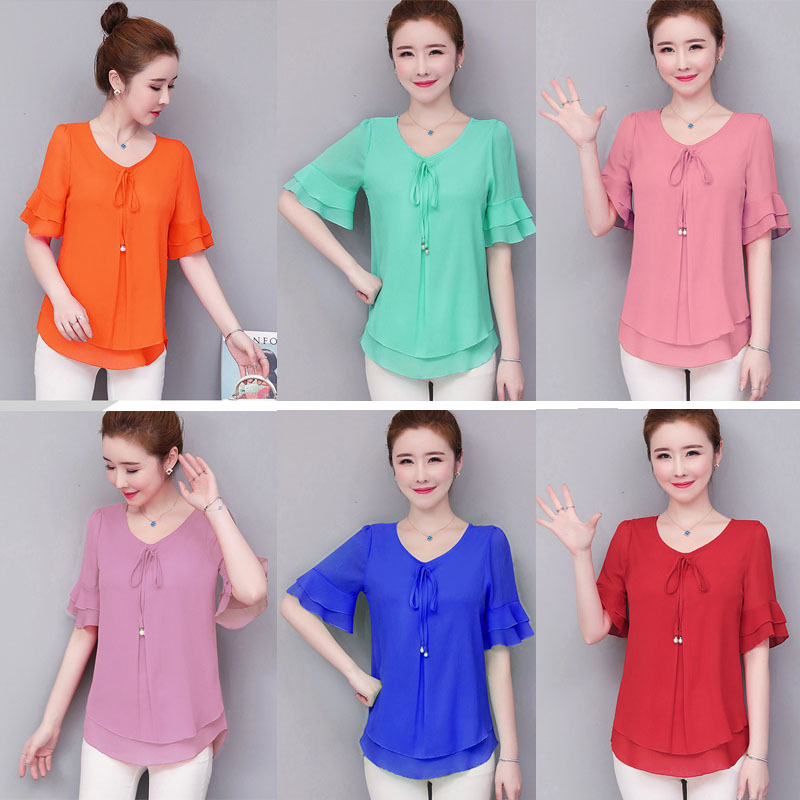 Summer Women Blouse Korea Chiffon Shirts Plus Size Tops Lady Casual Short Sleeve Shirt Shopee Singapore