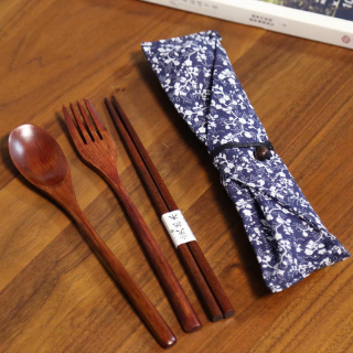 Japanese And Korean Cutlery Set Wooden Bag Spoon Fork Chopsticks Three-Piece Set Student Portable Gifts Dinnerware Hot 006