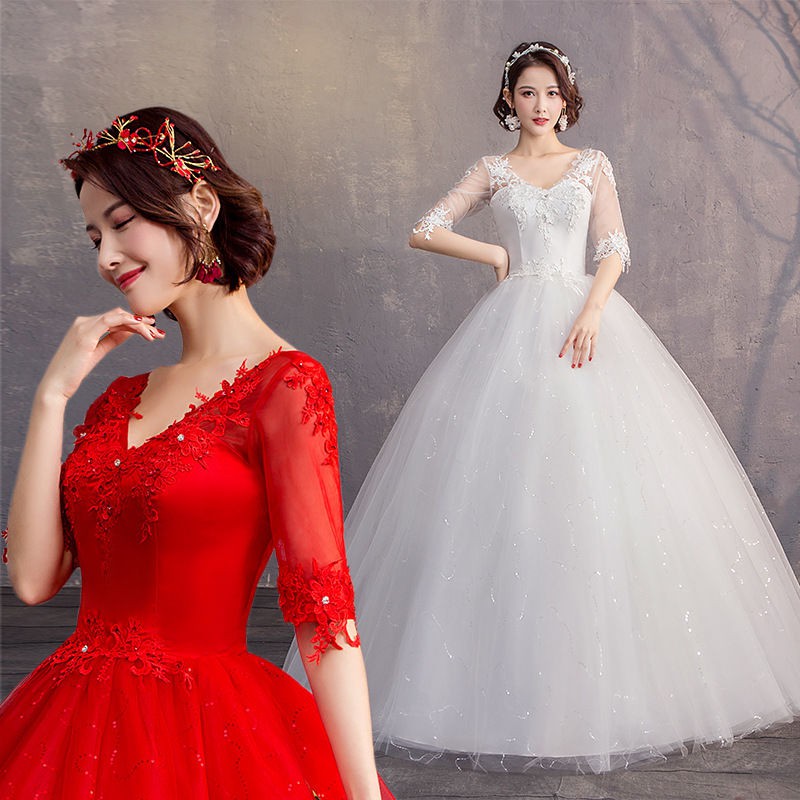 Fashion Women half Sleeve V-neck White Wedding Dress Lace Beaded Red Bridal  Ball Gown Dress Plus Size | Shopee Singapore