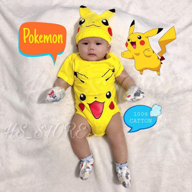 Wearing Red Hat Pikachu Pokemon Newborn Jumpsuit Bodysuit Unisex Baby Clothes 
