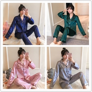 Image of Ready Stock Plus Size M-5XL pajamas Suit Satin Long Sleeve pyjamas Baju Tidur Silk Sleepwear 2-piece set