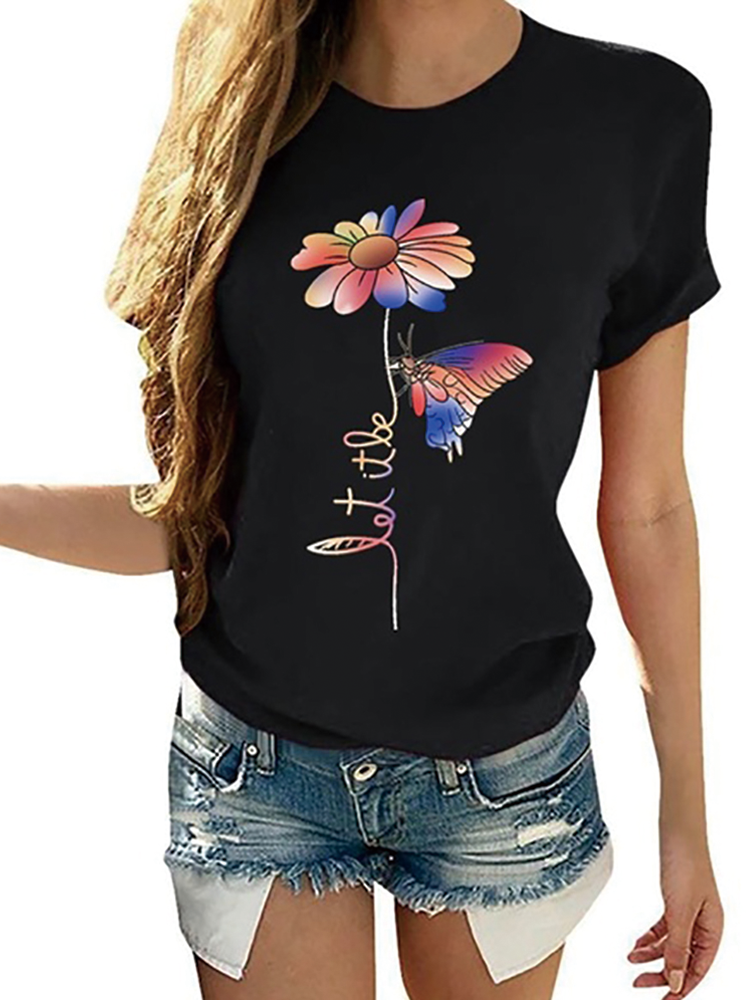 Colorful Flowers Butterfly Printing T-shirts Women Summer Graphic Tees ...