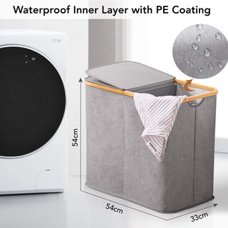 Double Lid Laundry Basket Bamboo Frame Two Compartments Large Capacity Foldable  [SG Seller] #1
