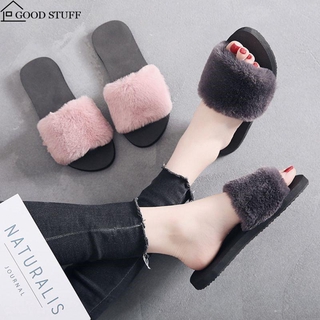 Image of Fashion Women Shose New Autumn Winter Fur Solid Color Slippers Home Anti-Slip
