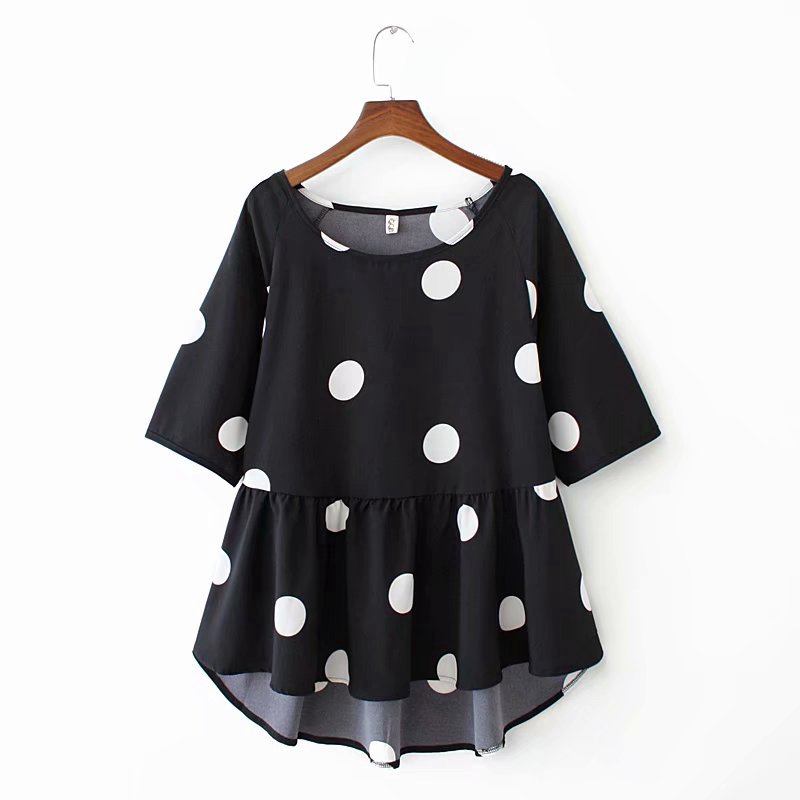 grey blouse with white polka dots