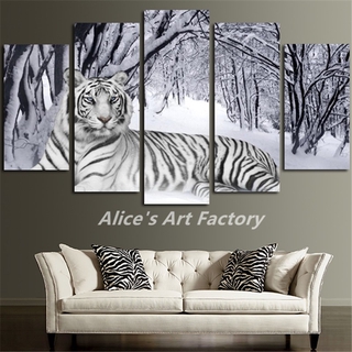 (Big Clearance Sale) 5 Panels Wall Art White Tiger Canvas Painting Posters and Prints Natural ...