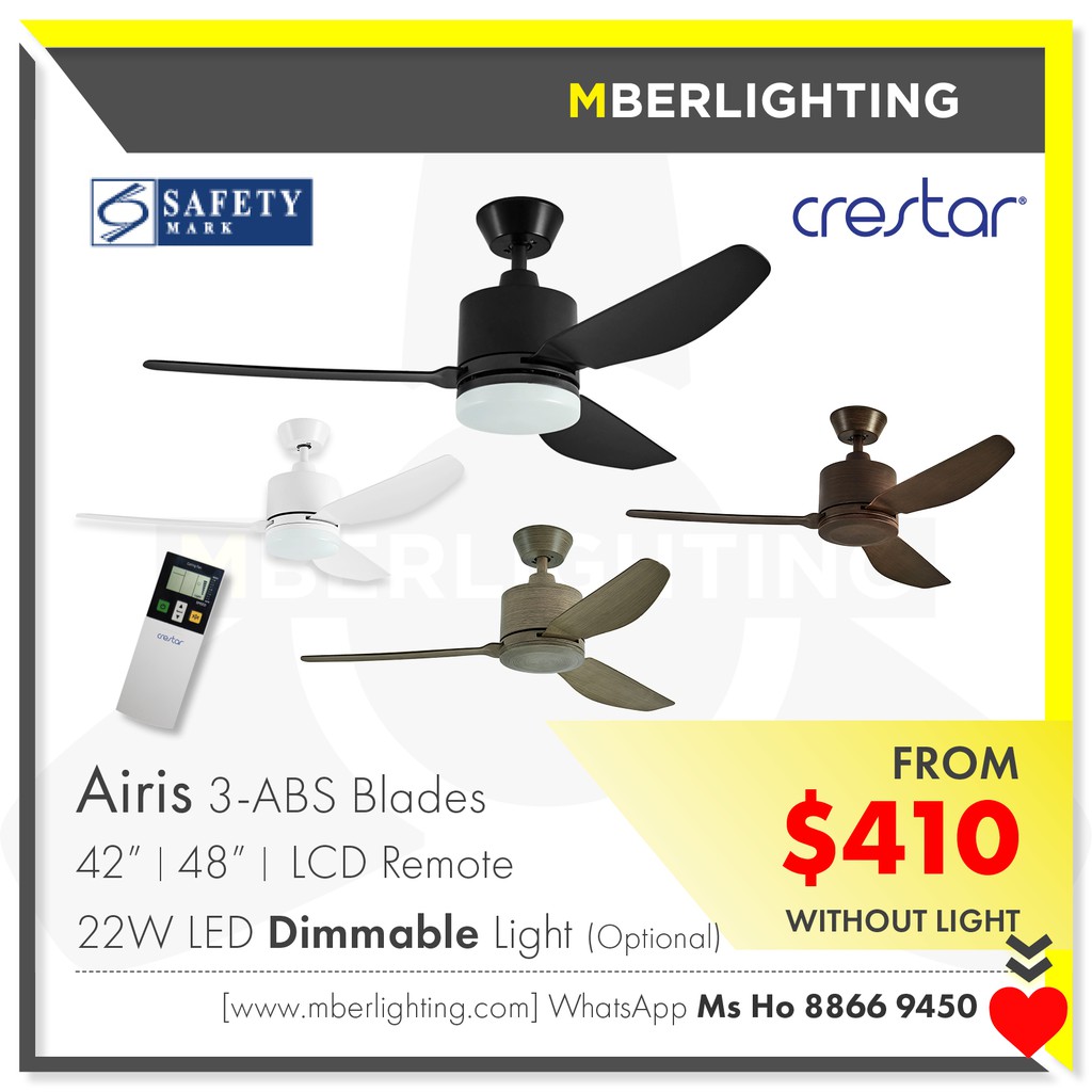 CRESTAR Airis Ceiling Fan 3Blades 42inch/48inch + LCD Remote + Optional Dimmable 22W LED 