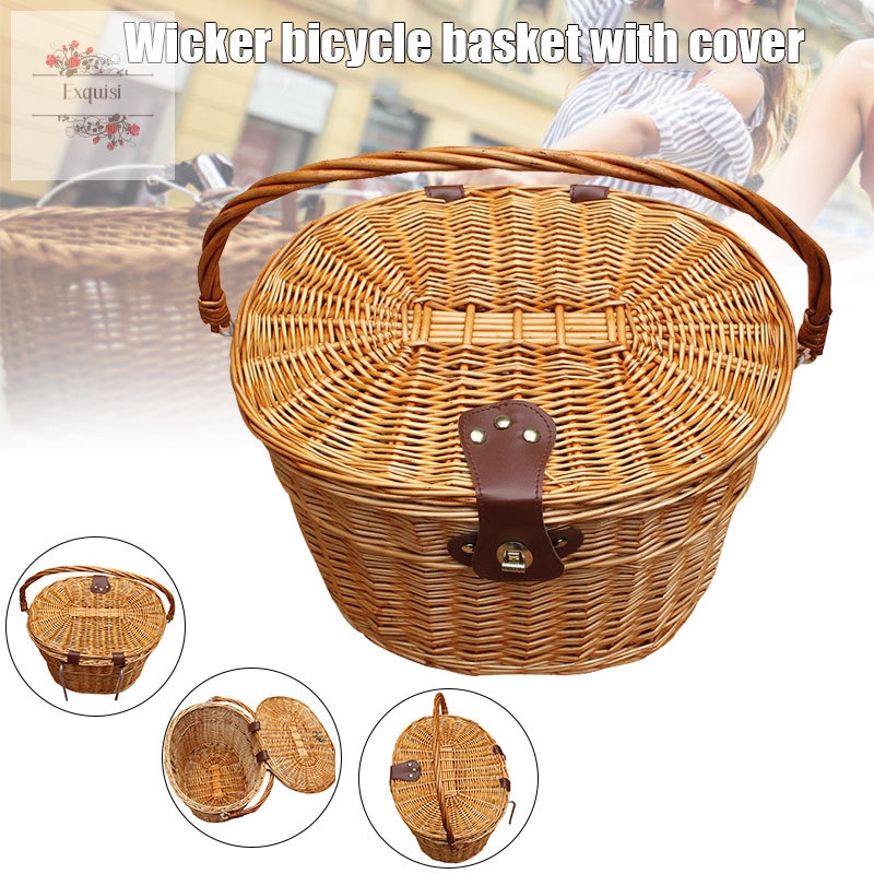 wicker bicycle basket with lid