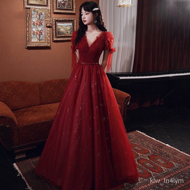 Fast delivery Red Long gown Elegant Evening gown V-Neck Tulle Sequin Party Gown Prom gown