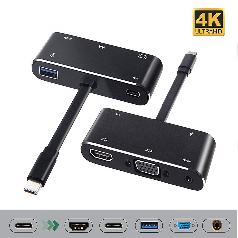 TypeC HDMI VGA Adapter Usb C Hub to Usb3.0 Usbc Charge 3.5mm Aux Jack